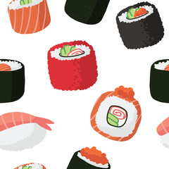 seamless pattern of vector illustrations of Japanese sushi food and rolls with salmon, eel, vegetables in flat style