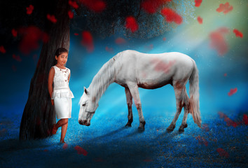 Horse Friend beautiful indian asian caucasian girl child funny face expression standing under tree magical dreamy surreal abstract night 