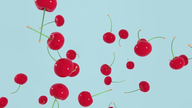 Abstract 3D rendering red cherry falling down on differents pastel background. 4K animation.