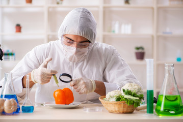 Scientist working in lab on GMO fruits and vegetables