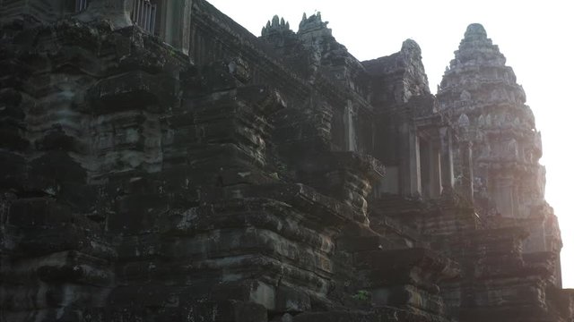 Detailed view of monumental Angkor Wat temple and tower built in 12th century and recognized as an important cultural site by UNESCO in 1992. Cambodia