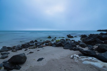 Sea scenery in the Blue Hour from the Black Sea coast. Pomorie, Bulgaria.