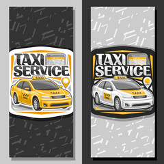 Vector banners for Taxi Service, vertical layouts with standing cartoon sedan and cellphone, original typography for words taxi service, innovation design signboard for cheap transportation company.