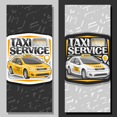 Vector banners for Taxi Service, vertical layouts with standing cartoon sedan and cellphone, original typography for words taxi service, innovation design signboard for cheap transportation company. © mihmihmal
