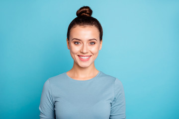 Close up photo of friendly optimistic lady feel glad pretty isolated dressed modern spring outfit on vibrant background - obrazy, fototapety, plakaty