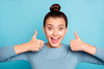 Close up photo of funny funky positive satisfied teen teenager content advise decide choose ads...