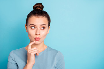 Close up photo of minded youth youngster touch chin finger look thought future reaction  rumor...