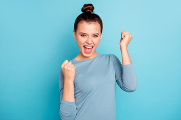 Close up photo beautiful amazing cute she her lady pretty crazy hold hands arms raised yell scream...
