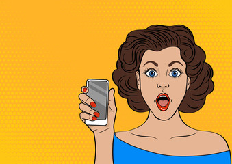 Surprised girl with mobile in the hand in Pop Art style. Pretty woman with open mouth holding smartphone. Vector illustration 