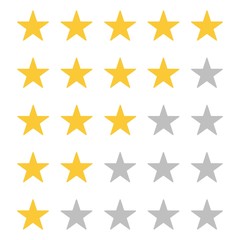 Five star rating. Rate status level. Different ranks from one to five stars. Golden and gray transparent stars. Template design for web or mobile app.