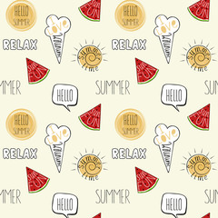Seamless pattern. Hand drawn labels, logos and elements on vanilla background. Vector illustration.