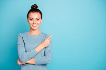 Close up photo beautiful amazing cute she her lady arm hand finger indicate empty space toothy...