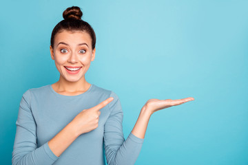 Close up photo beautiful she her lady hold open arm hand palm indicate empty space perfect...