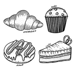 a set of hand-drawn line vector sketches desserts: croissant, muffin, cake, donut. Ideal for menu design, package design, confectionery, bakery decor.