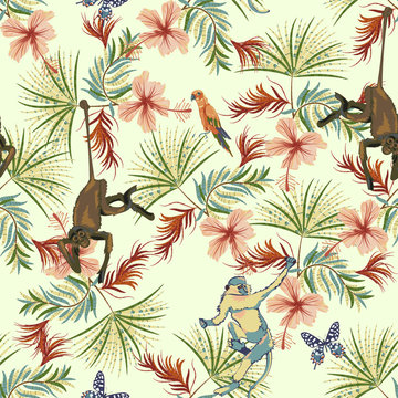 Tropical seamless pattern with flowers, monkey and parrots. Vector floral patch for print