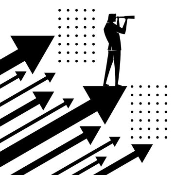 recommend clip art: Businessman standing on arrow looking by telescope silhouette vector, minimalist style, simple and flat design, black color.