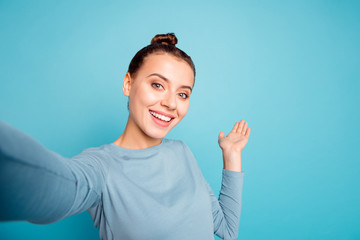 Close up photo beautiful amazing she her lady make take selfies show hand arm palm air showing way...