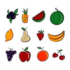 set of vector illustration fruit orange banana cherry grape watermelon apple in organic cartoon flat style