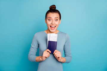 Portrait of funny funky beautiful lady get gift present shout scream astonished impressed...