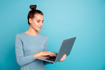 Profile side view photo of thoughtful lady think blog blogger apps search social network account ...