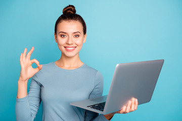 Portrait of charming cute lady use user blogger decide choose advise ads sale indicate excellent...