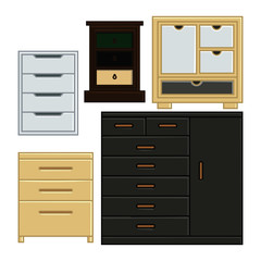 set of vector illustration drawer and cabinet for interior household flat design style