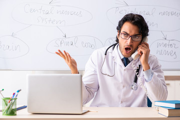 Young male doctor neurologist in front of whiteboard 