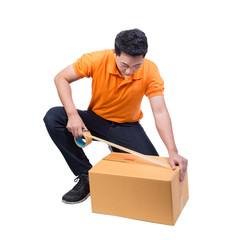 man packing box cardboard package sealing with brown tape move or shipping delivery concept isolated on white background