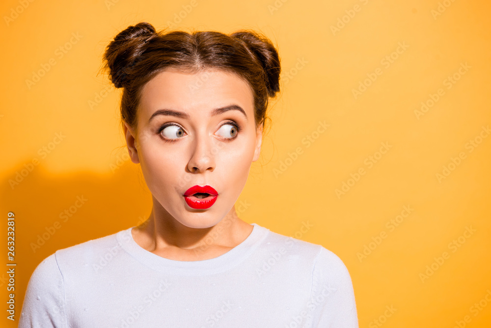 Wall mural close-up portrait of her she nice-looking attractive girlish scared puzzled teen girl looking aside 