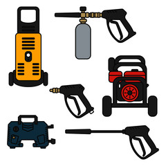 set of vector illustration pressure washer machine electric with spray gun equipment flat design style