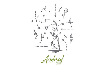 Innovation, technology, robot, scheme, android concept. Hand drawn isolated vector.