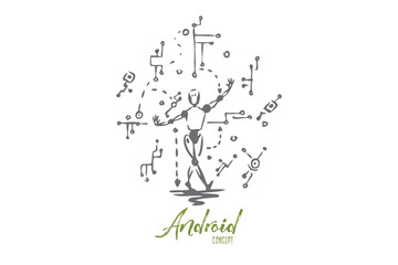 Circuit, technology, robot, data, android concept. Hand drawn isolated vector.