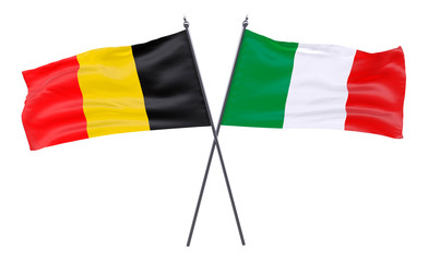Belgium and Italy, two crossed flags isolated on white background. 3d image