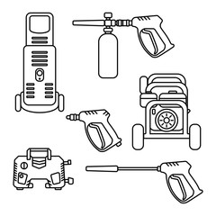 set of vector illustration pressure washer machine electric with spray gun equipment flat design silhouette style