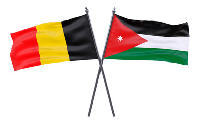 Belgium and Jordan, two crossed flags isolated on white background. 3d image