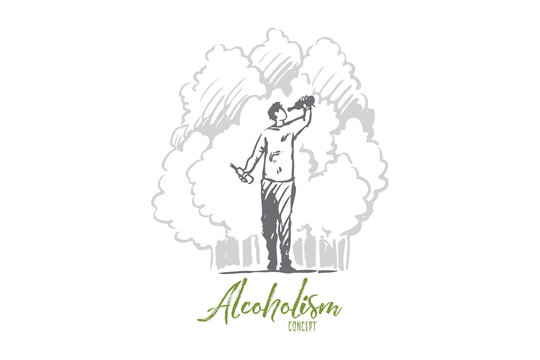 Alcoholism, man, drunk, bottle, alcoholic concept. Hand drawn isolated vector.