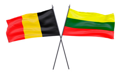 Belgium and Lithuania, two crossed flags isolated on white background. 3d image