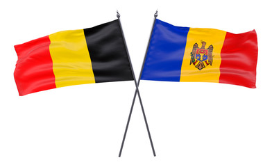 Belgium and Moldova, two crossed flags isolated on white background. 3d image