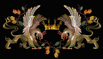 Embroidery two griffins and golden crown. Medieval concept. Gothic tapestry renaissance art. Template for clothes, t-shirt design