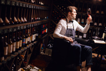 Wine critic appreciating color tint, quality and sediments of drink in liquor store.