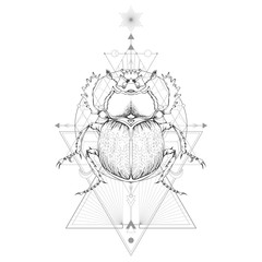 Fototapeta premium Vector illustration with hand drawn scarab and Sacred geometric symbol on white background. Abstract mystic sign.