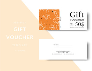 Abstract gift voucher card template. Modern discount coupon for shopping with abstract pattern. Modern fashion background design with information sample text. Coupon template for gift and shopping