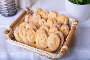 Cottage cheese homemade cookie in sugar topping. Selective focus, close-up.