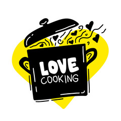 Cooking culinary logo, utensils, spoon, pot, Love cooking. Lettering, calligraphy logo, sketch style, hearts. Hand drawn vector illustration
