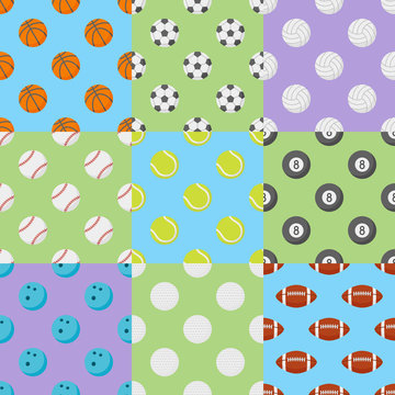 Set of seamless patterns with sports balls. Vector textures.