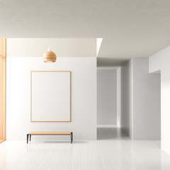Empty room interior background with mock up poster frame. Modern empty bright interior. 3D illustration.