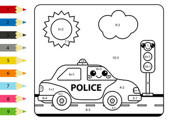 Mathematical coloring page for kids. Kawaii police car and traffic lights. Worksheet with addition and subtraction. © Kristina