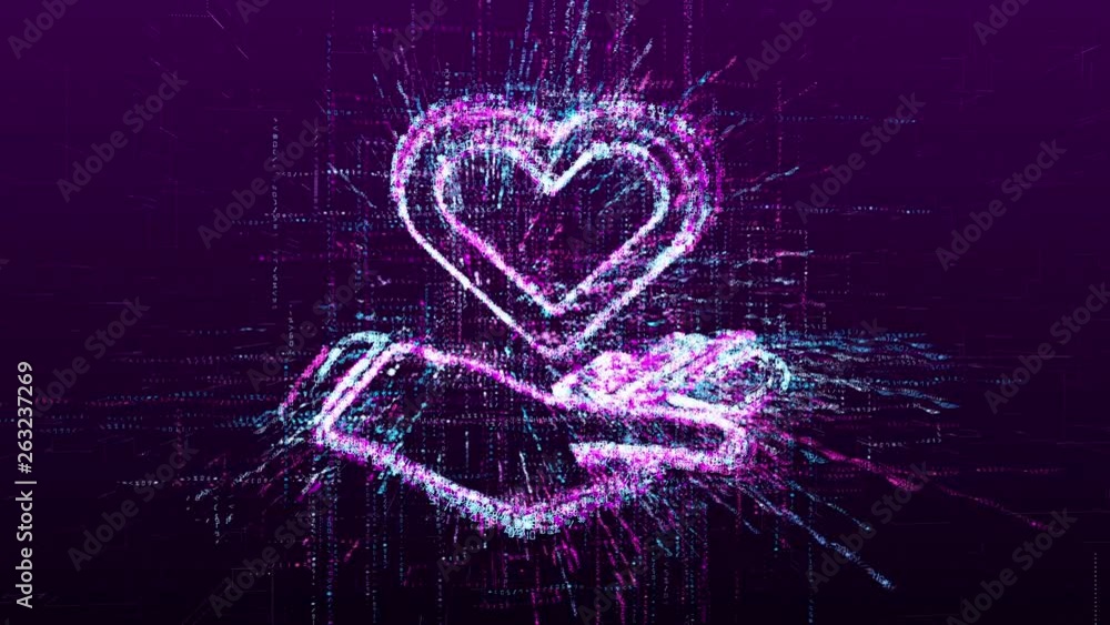 Wall mural digital animation of the sign of feelings. hand with a heart in the virtual space of the future.