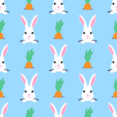Easter bunny looks out of the hole. Rabbit and carrot child seamless pattern. Can be used for the decoration of the nursery, children's clothing, kids accessories, gift wrapping, digital paper.