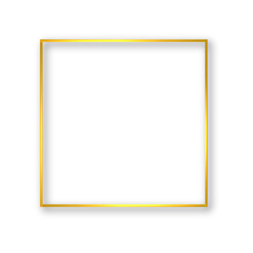 Gold glowing square frame with shadow isolated on white. Luxury golden border vector background. Easy to edit template for invitations, cards, party decorations, wedding stationery etc.